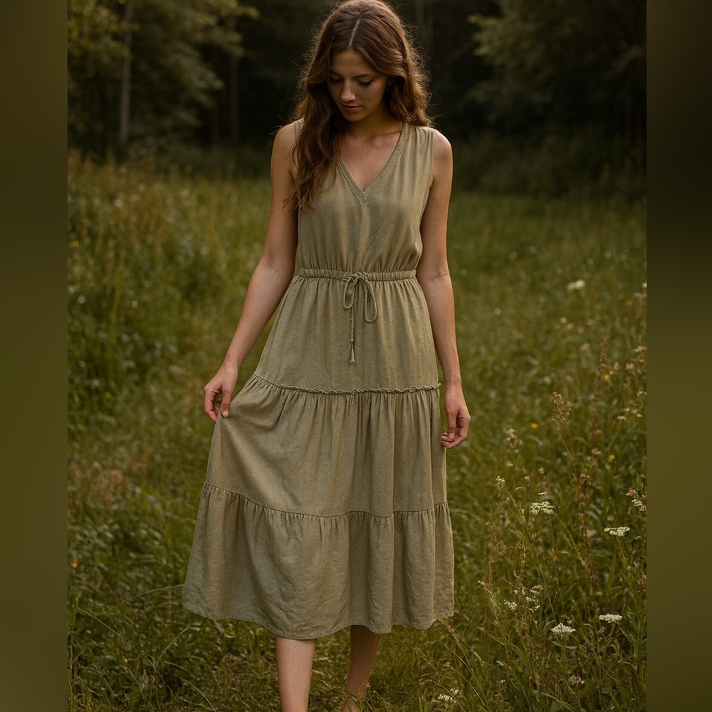 Lands’ End Sz‎ M Lyocell Sleeveless Midi Dress Khaki Tan Tiered Drawstring Waist